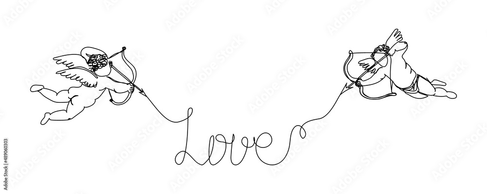 Love one line art. Continuous line drawing of two cupids keep the word love, angels, arrows, feelings. Love one line art. Continuous line drawing of two cupids keep the word love, angels, arrows, feelings.