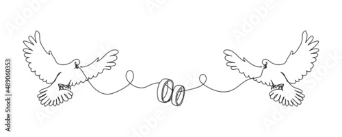 Birds with wedding rings line art. Continuous line drawing of two doves, engaged rings, family, couple, love, birds, feelings, love, relationships, passion.