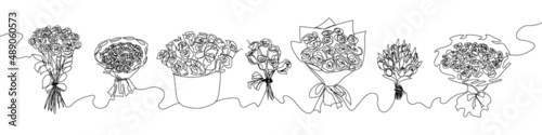 Set of bouquets continuous line drawing. One line art of decoration, flowers, roses, garden flowers, bouquet, floristry, romance, relationship, love, peonies, tulips, dahlias, carnations.