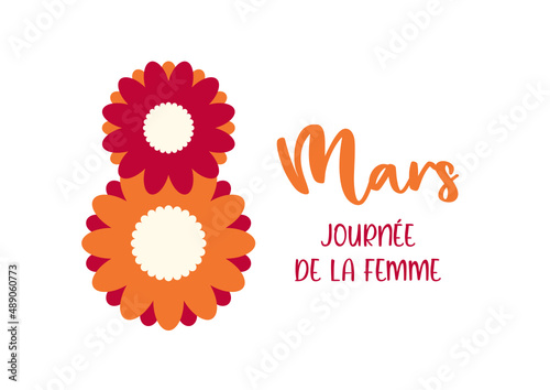 8 mars, Journée de la Femme. French text with flowers. Women's Day. Isolated. Vector