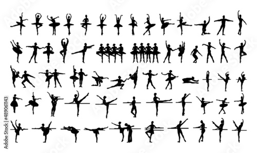 Collection of black silhouettes of ballet dancers. Character shadow illustrations.