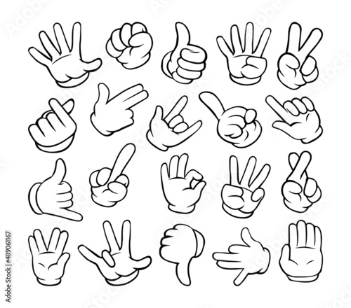 Set of different gestures of hands in gloves in a linear style.