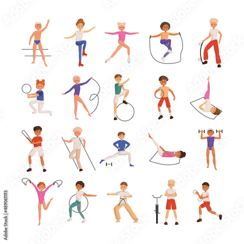 Collection of illustrations with children doing different sports.