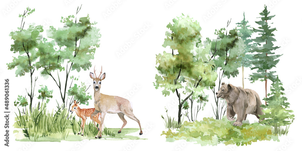 Hand drawn forest animals. Wild animals on the background of the forest  landscape. Forest art. Hare, bear, deer, roe deer, owl, fox, wolf. For  cards, stickers, posters, planners, scrapbooking Stock Illustration |