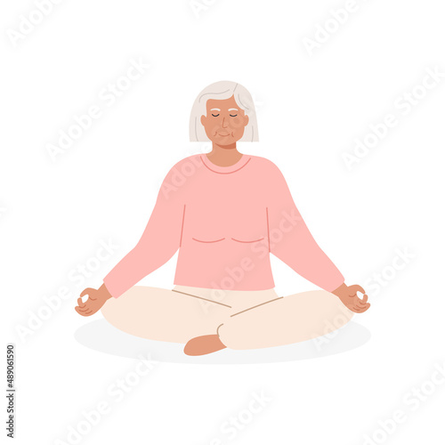 Modern elderly female with crossed legs closed eyes meditating. Senior old age woman sitting cross-legged and practicing yoga. Meditation, abdominal breathing spiritual practice. Vector illustration.