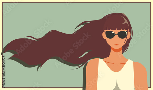 retro girl with long hair on flat background