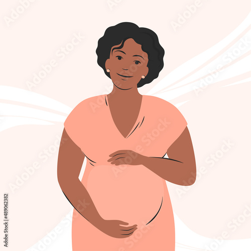 Pregnant woman with dark hair and skin, future mom hugging belly with arms. Pregnancy and motherhood concept. Vector illustration.