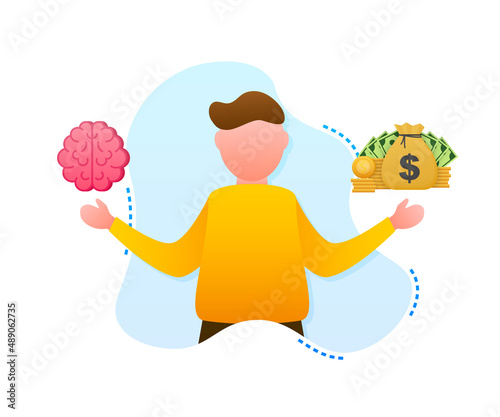 Man choosing between two options brainwork and money. Vector stock illustration
