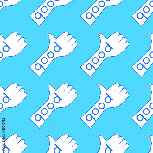 seamless pattern with the image of an affirmative hand gesture and text for prints on fabrics, clothes, packaging, covers and for background design