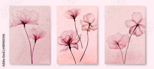 Abstract art background with transparent x-ray pink flowers. Botanical watercolor vector set of art posters for design, decor
