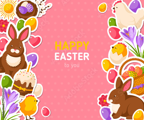Happy Easter Pink Banner With Flat Sticker Icons. Vector Illustration. Easter Rabbit, Colorful Eggs. Hen and Cute Chicken. Spring Easter Concept with place for text. Season Greetings.