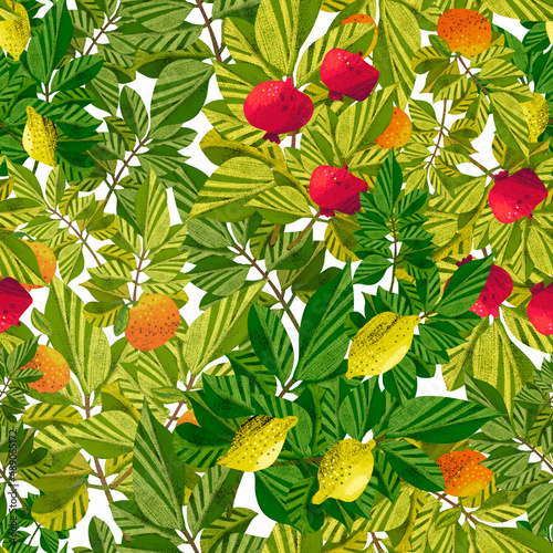 Colorful seamless pattern design illustration decorative cartoon plants and leaves with fruits