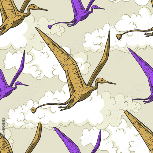 Pterodactyl dino, pterosaur cute kids baby seamless pattern.