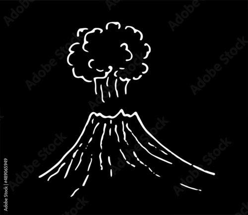 a volcano icon with a cloud of steam. A sketch-style mountain with a hole and a cloud on top, side view, isolated white outline on black for a design template. volcano craster photo