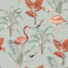 Wandcirkels Botanische print patronen Koraalrode flamingo's vintage patroon  © good_mood