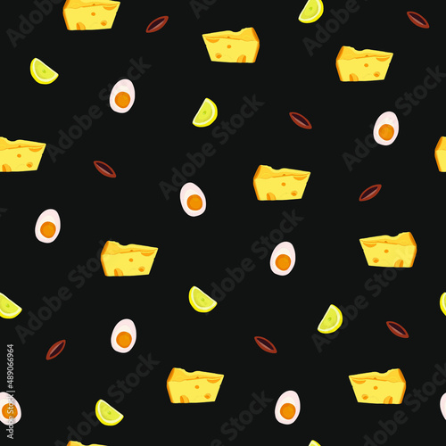 Seamless pattern of cheese, eggs, lemon and spices on black background. Endless pattern of flat food. Vector illustration. Cuisine