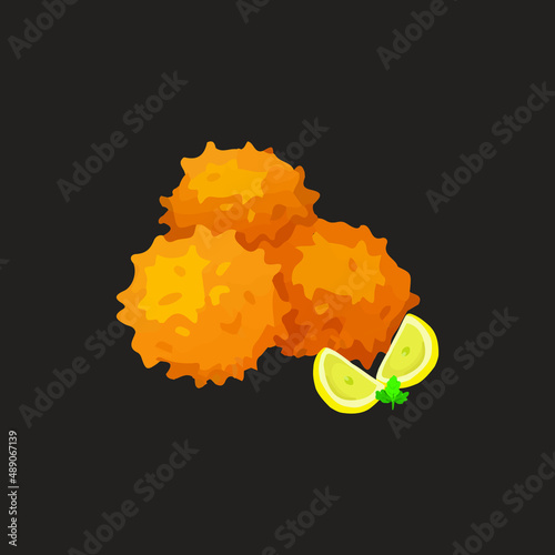 Cheese balls in tempura with a slice of lemon on a dark background. Vector illustration of flat food. Food set. Cheese balls isolated