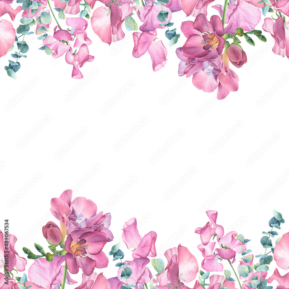 Watercolor composition of pink flowers on white background. Freesia, sweet peas, eucalyptus branches. Perfect for wedding invitations, greeting cards, blogs, posters and more. 