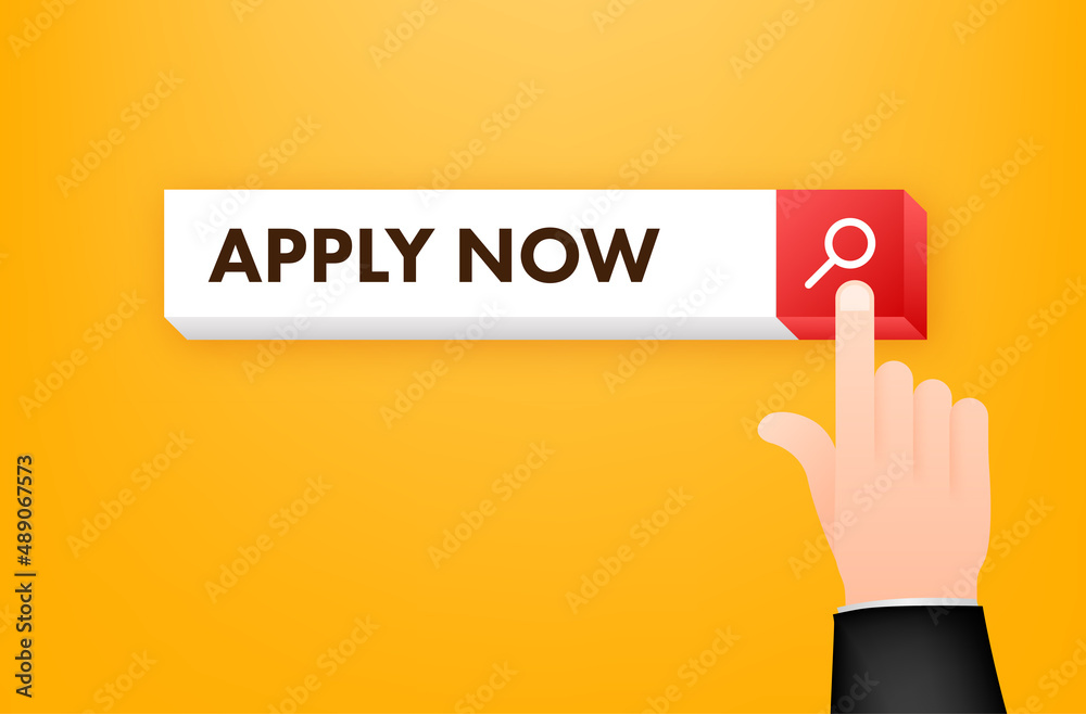 Apply now button on search bar. Pointer click. Cursor icon. Apply now button on search bar. Pointer click. Cursor icon.