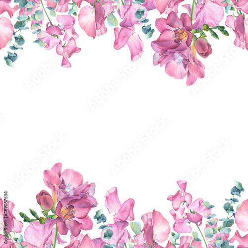 Fototapeta Naklejka Na Ścianę i Meble -  Watercolor composition of pink flowers on white background. Freesia, sweet peas, eucalyptus branches. Perfect for wedding invitations, greeting cards, blogs, posters and more. 