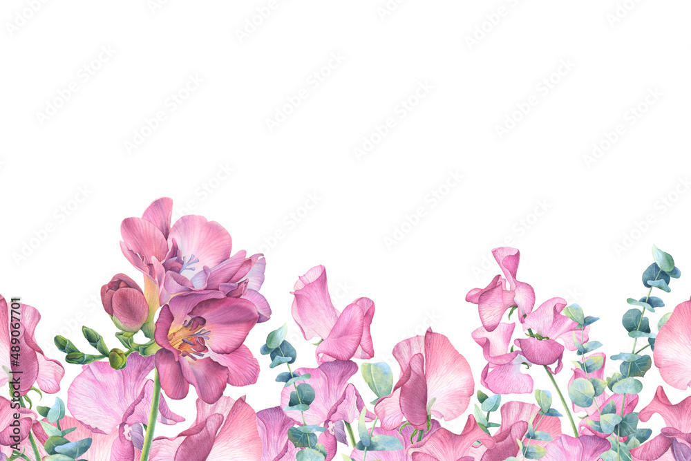 Fototapeta premium Watercolor composition of pink flowers on white background. Freesia, sweet peas, eucalyptus branches. Perfect for wedding invitations, greeting cards, blogs, posters and more.