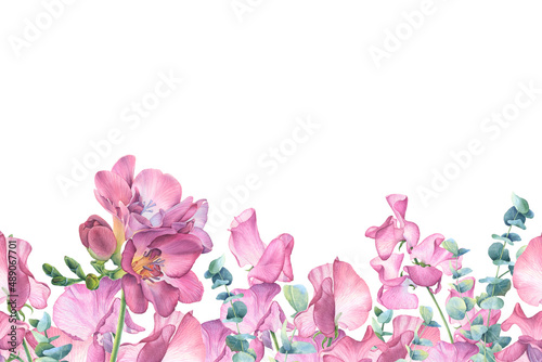 Watercolor composition of pink flowers on white background. Freesia, sweet peas, eucalyptus branches. Perfect for wedding invitations, greeting cards, blogs, posters and more.