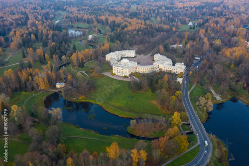 Panoramic aerial view of the Pavlovsk Park and the Pavlovsk Palace on an autumn evening.Bright autumn landscape, Slavyanka river. A suburb of St. Petersburg.