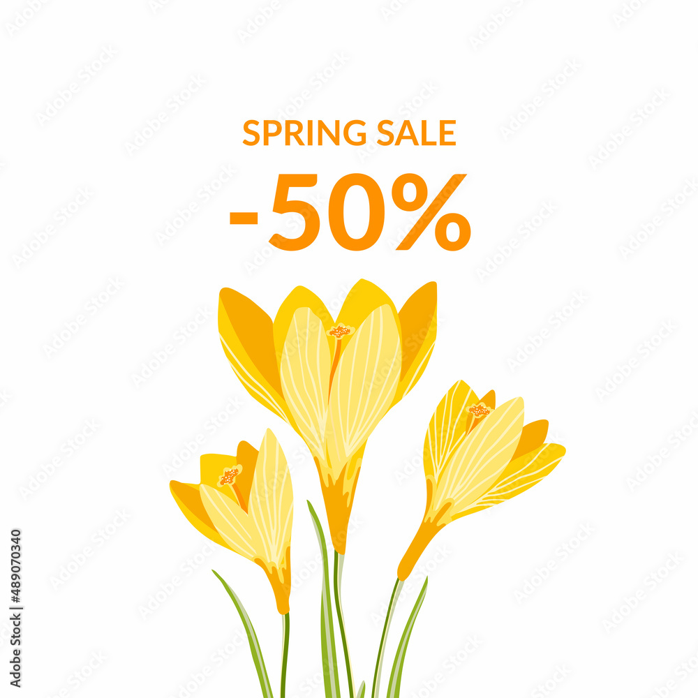 Spring sale background with beautiful crocus flowers. Hand drawn vector illustration template design for poster, postcard, banner, flyers, invitation Spring sale background with beautiful crocus flowers. Hand drawn vector illustration template design for poster, postcard, banner, flyers, invitation