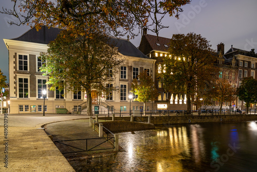 Evening photo of the Hague Historical Museum with a small piece of the Hofvijver on the Korte Vijverberg in The Hague photo