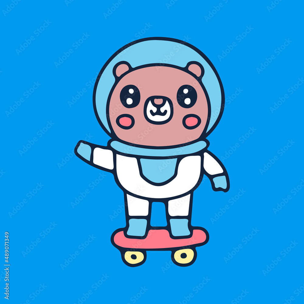 Kawaii bear astronaut riding skateboard, illustration for t-shirt, sticker, or apparel merchandise. With retro cartoon style.