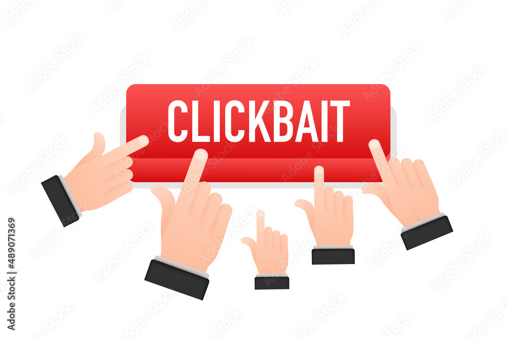 Clickbait red button. Hand click icon symbol. Cursor arrows, push button. Vector stock illustration. Clickbait red button. Hand click icon symbol. Cursor arrows, push button. Vector stock illustration.