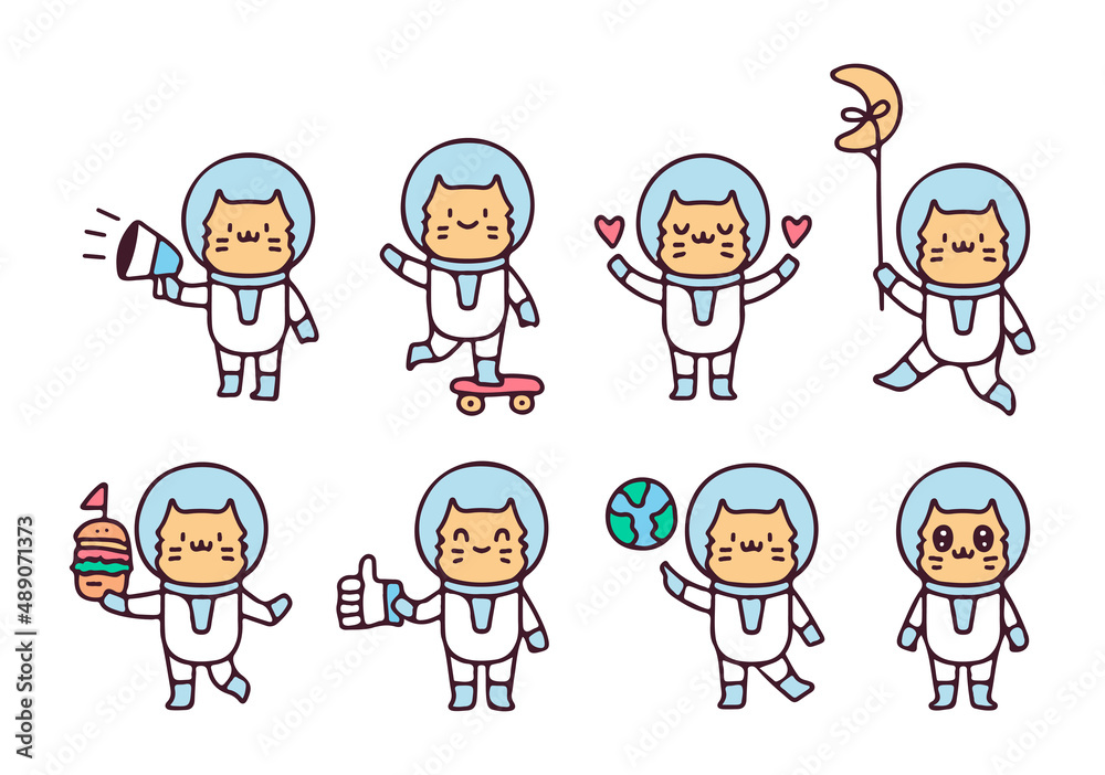 Collection of kawaii cat in astronaut costume, illustration for t-shirt, sticker, or apparel merchandise. With retro cartoon style.