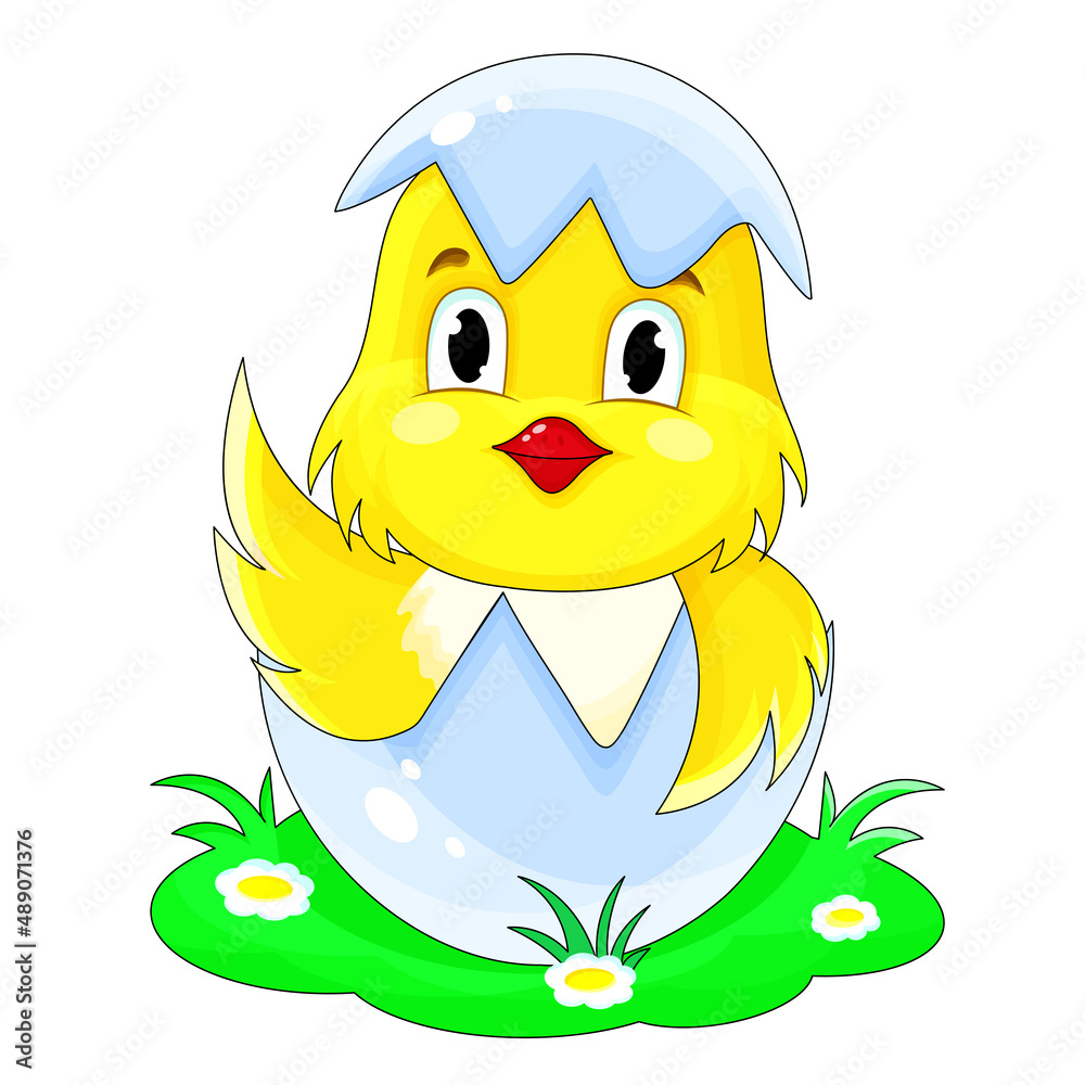 a cute Easter chicken is sitting in a shell and waving its wing, with a hat on its head