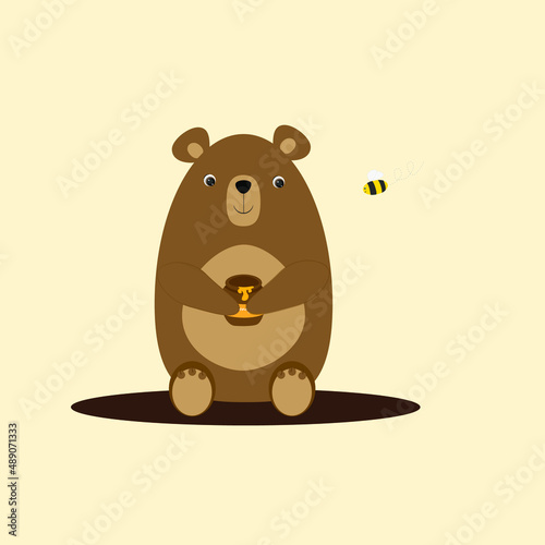 Brown bear holding a pot of honey in its paws and a bee next to it. Sweet character. Vector illustration