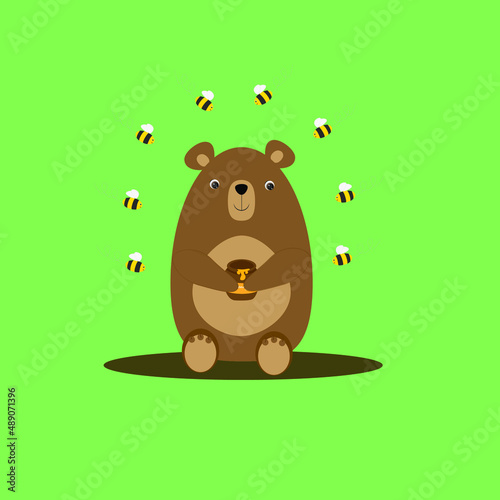 Brown bear on a green background with a pot of honey and bees around. Vector illustration. Cartoon character. Sweet teddy bear