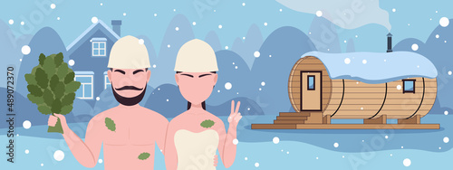 Wooden barrel sauna. Outdoor banya cabin for SPA.