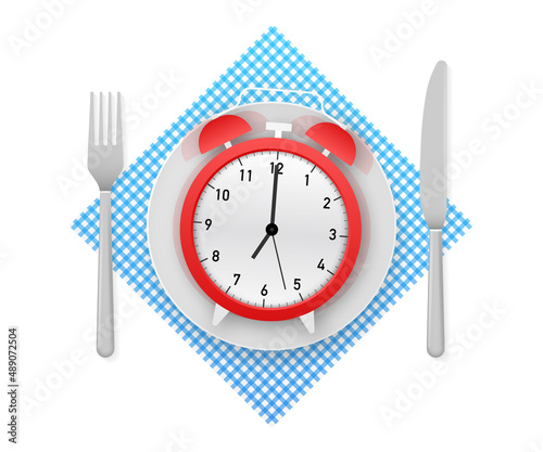 Flat icon with lunch time and hand with tray on white background for cover design.