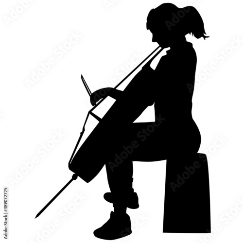 Silhouettes a musician playing the cello on a white background