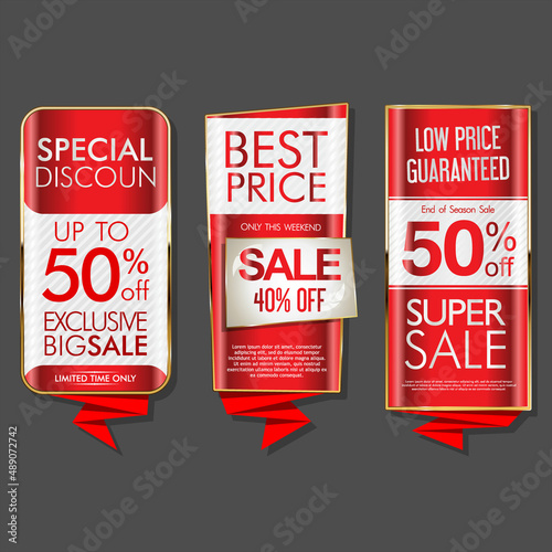 Collection of modern gold and red sale stickers and tags