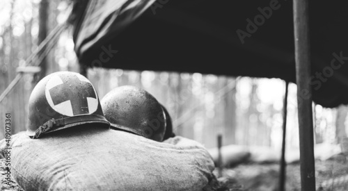 Canvas Print Metal Helmets Of United States Army Infantry Soldier At World War II