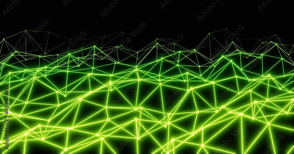 Green lines and dots connecting technology and science style. 3d rendering.