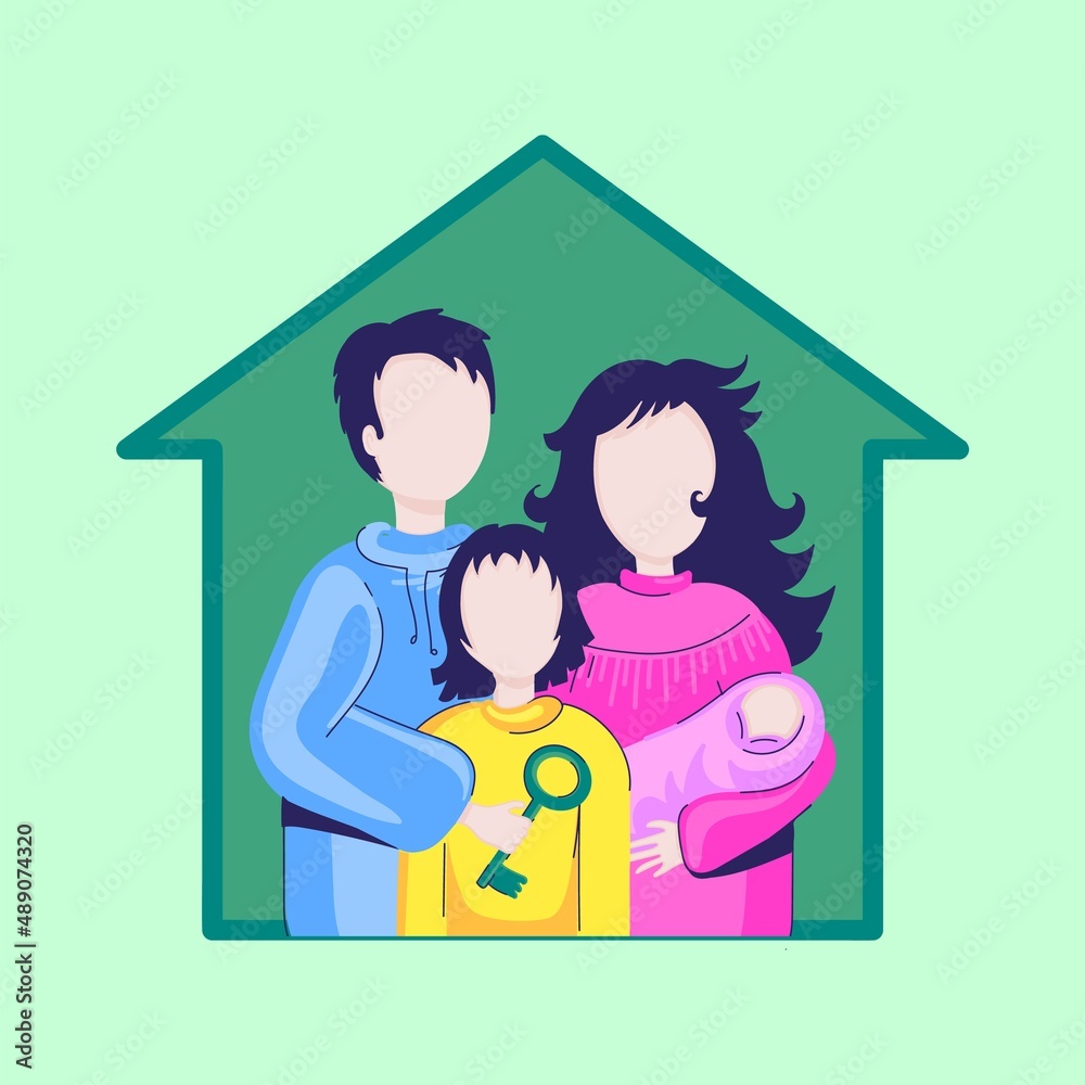 Happy family with small children under the roof of their house. Vector illustration in flat style. House and happy family logo vector.. Happy family with small children under the roof of their house. Vector illustration in flat style. House and happy family logo vector..