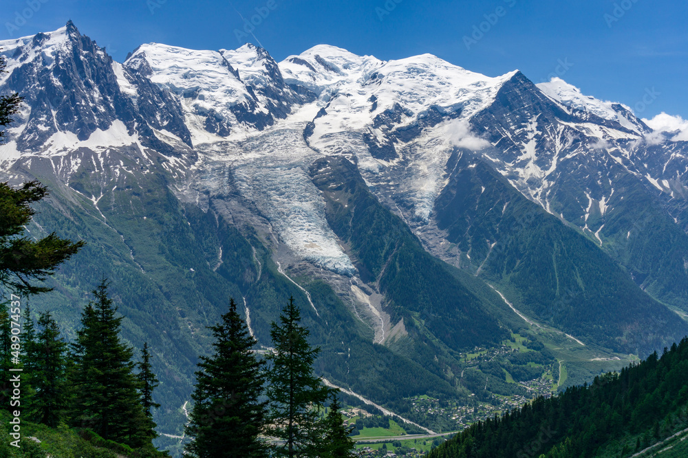 View of the Mont Blanc massif above Chamonix.