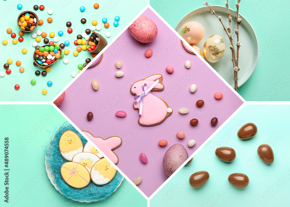 Collage with tasty Easter cookies, chocolate eggs and candies on color background