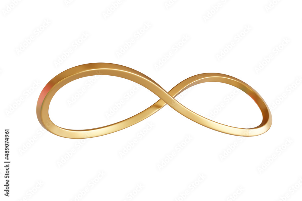 Infinity symbol gold color on white isolated background. 3D render illustration. Infinity symbol gold color on white isolated background. 3D render illustration.