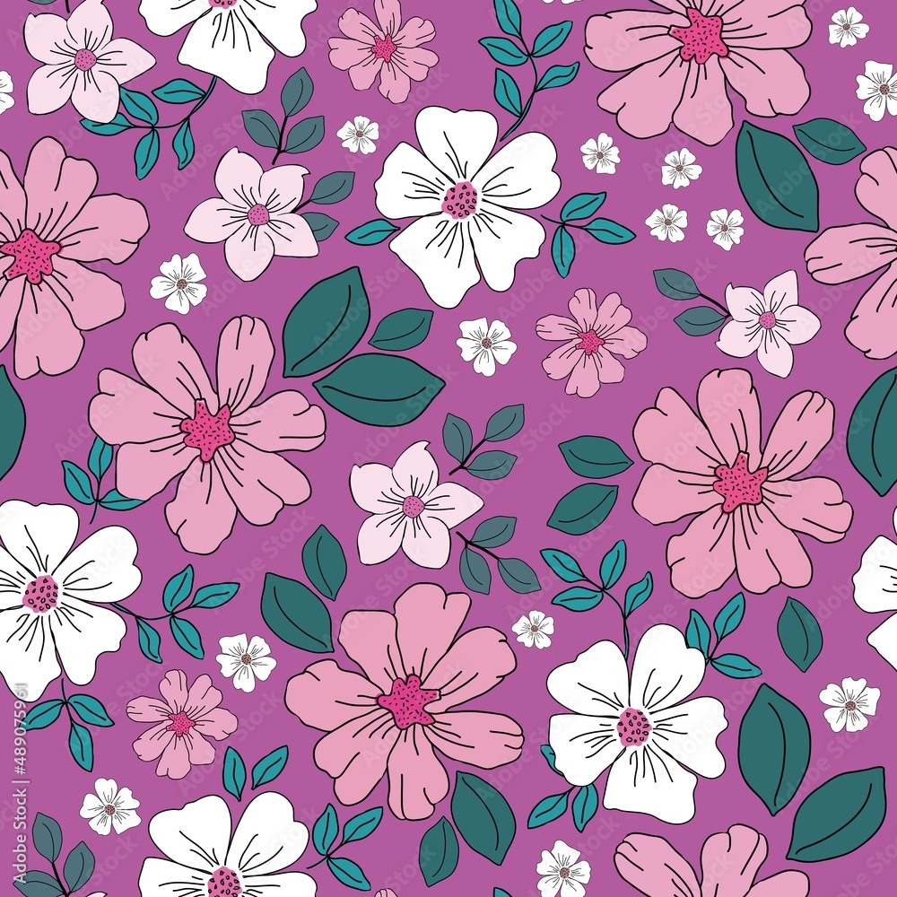 Seamless vintage pattern. Pink and white flowers, green leaves. Lilac background. vector texture. fashionable print for textiles, wallpaper and packaging.
