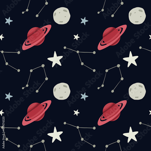 Cosmonautics Day. Seamless pattern. Space, stars, constellation, planet