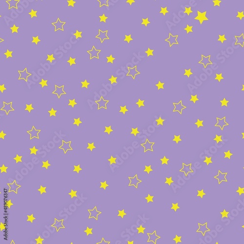 A simple pattern of stars. Lilac background, small yellow stars. Fashionable print for wallpaper, textiles, banners and packaging.