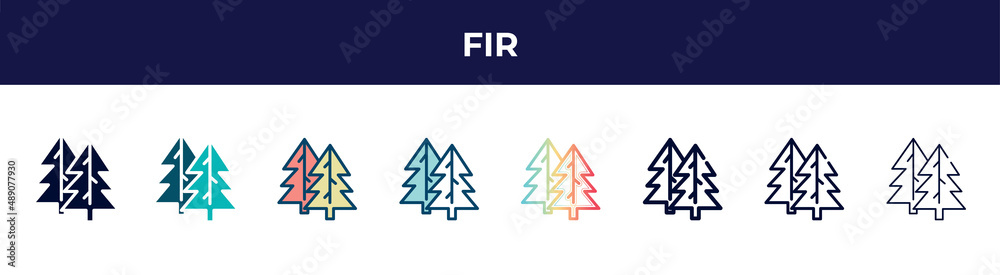 fir icon in 8 styles. line, filled, glyph, thin outline, colorful, stroke and gradient styles, fir vector sign. symbol, logo illustration. different style icons set. fir icon in 8 styles. line, filled, glyph, thin outline, colorful, stroke and gradient styles, fir vector sign. symbol, logo illustration. different style icons set.