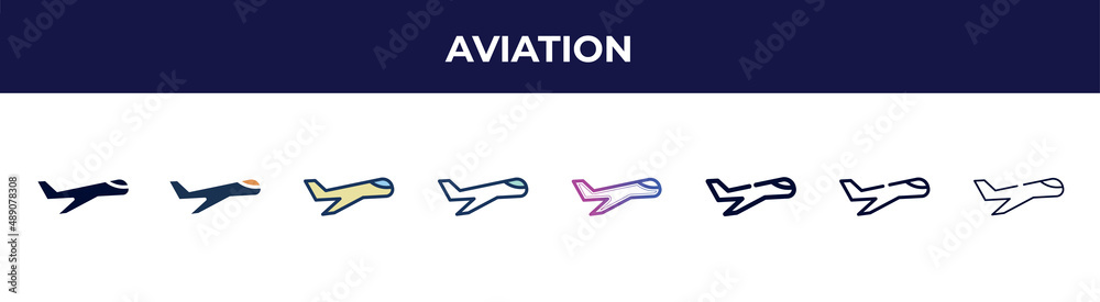 aviation icon in 8 styles. line, filled, glyph, thin outline, colorful, stroke and gradient styles, aviation vector sign. symbol, logo illustration. different style icons set.